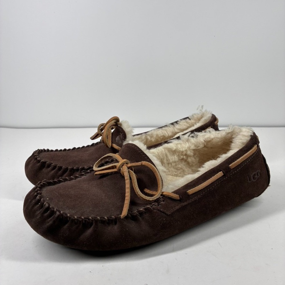 UGG Olsen Men's US 8 Espresso Brown Suede Wool-Lined Moccasin Slippers 1003390